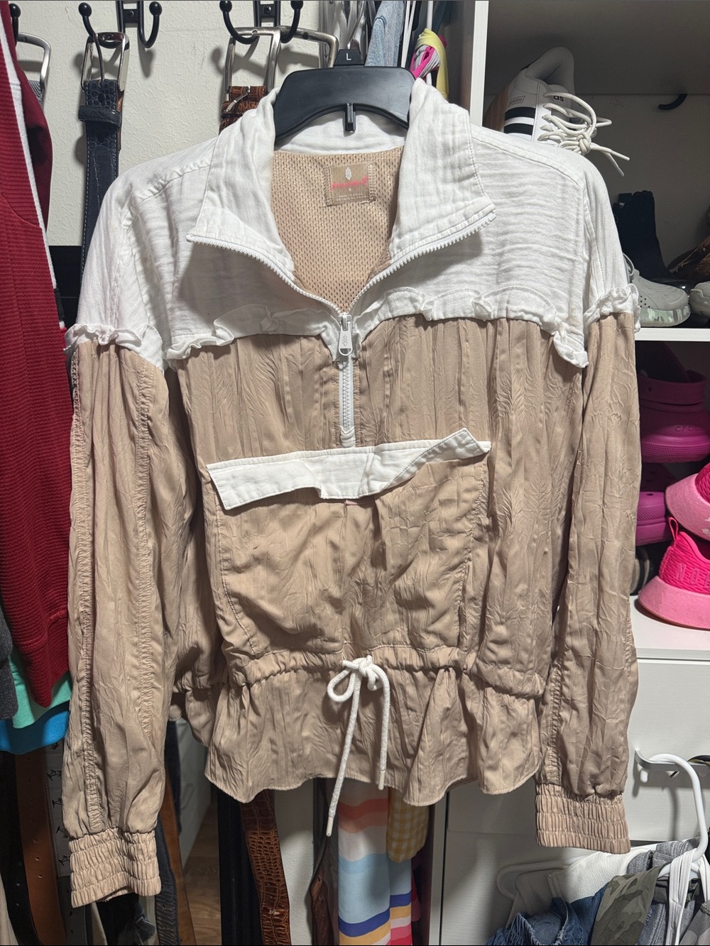 Free People Two-Tone Drawstring Anorak Jacket - Beige & White